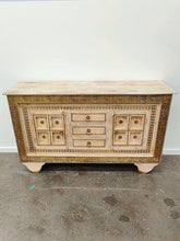 Embossed Brass Vintage Indian Distressed Timber Moroccan Brass Buffet on Wheels Boho Sideboard Cabinet Storage